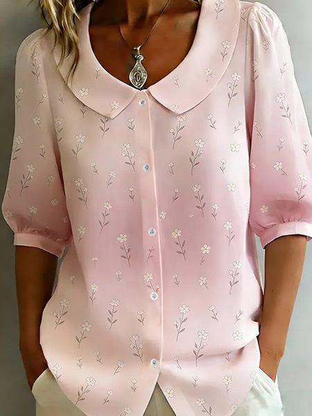 

Shawl Collar Half Sleeve Floral Printing Regular Micro-Elasticity Regular Fit Shirt For Women, Pink, Shirts
