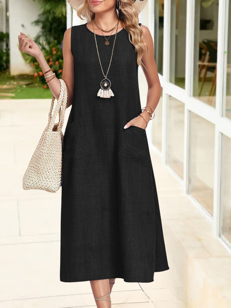 

Women Plain Short Sleeve Crew Neck Split Joint Dress Daily Casual Maxi Shift Dress A-Line Summer Dress, Black, Dresses