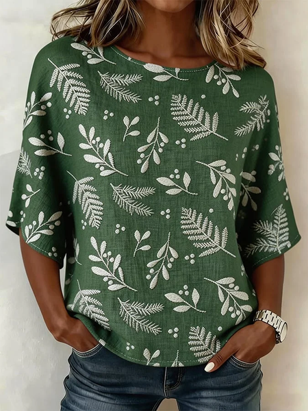 

Women Floral Crew Neck Half Sleeve Blouse Printing Vintage Daily Summer Top, Green, Blouses