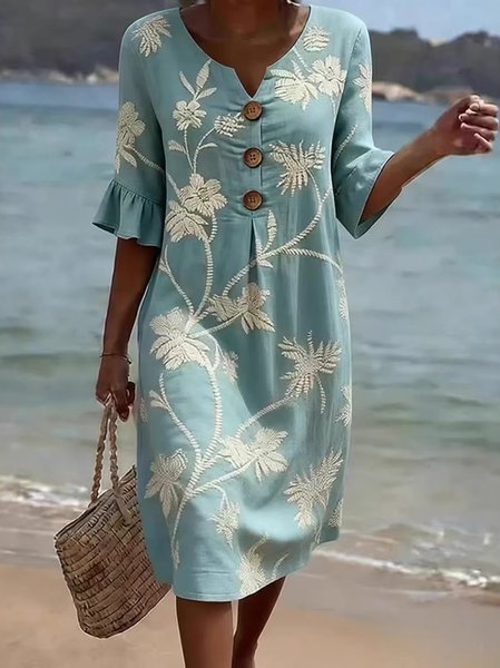Women Floral Summer Dress V Neck Half Sleeve Fit & Flare Dress A-Line Dress