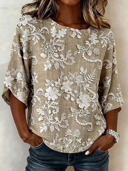 

Crew Neck Half Sleeve Floral Printing Regular Micro-Elasticity Regular Fit Blouse For Women, Khaki, Blouses