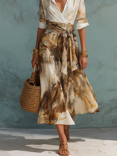 Casual Random Print Midi Skirt With Belt