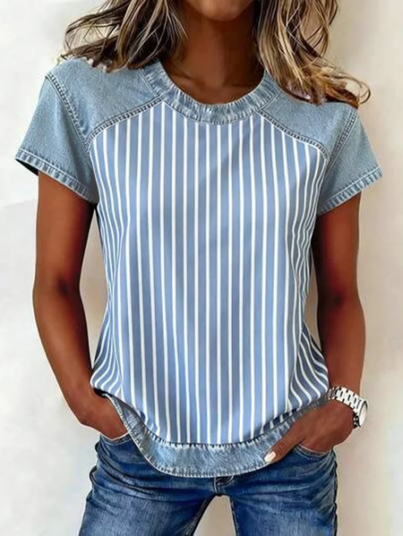 

Women Striped Short Sleeve Tee T-shirt Crew Neck Printing Vintage Summer Top, Blue, T-Shirts