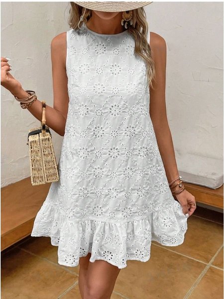 

Women Plain Short Sleeve Crew Neck Embroidery Dress Daily Casual Midi Ruffle Skirt A-Line Summer Dress, White, Dresses
