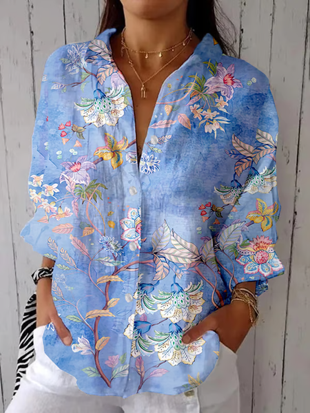 

Shirt Collar Three Quarter Sleeve Floral Regular Loose Shirt For Women, Blue purple, Shirts