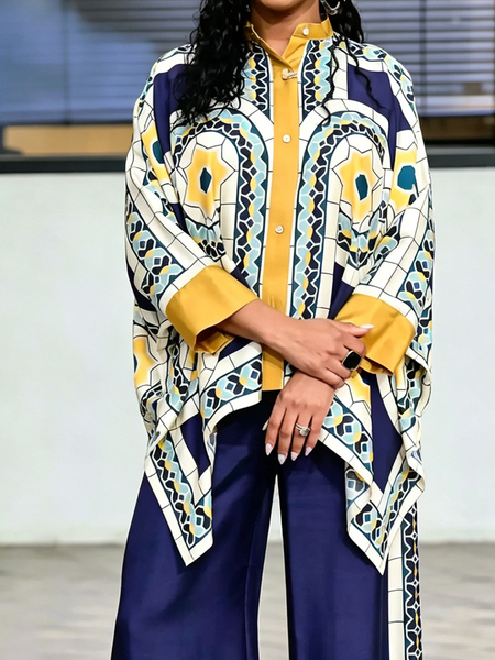 

Urban Random Print Stand Collar Shirt, As picture, Blouses and Shirts