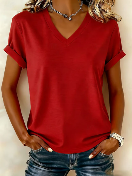 

Women Plain Short Sleeve Tee T-shirt V Neck Printing Vintage Summer Top, Red, T-Shirts