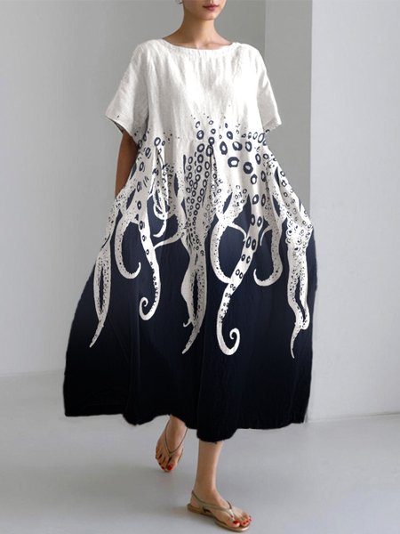 

Women Marine Life Spring/Fall Dress V Neck Long Sleeve Shirt Dress A-Line Dress, White, Dresses