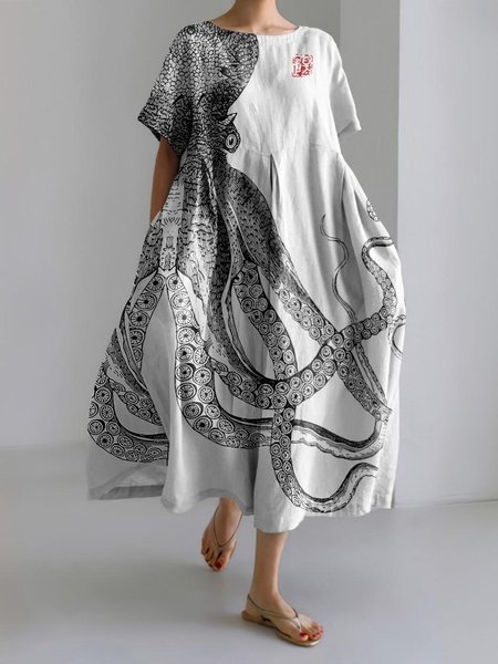 Women Marine Life Spring/Fall Dress V Neck Long Sleeve Shirt Dress A-Line Dress
