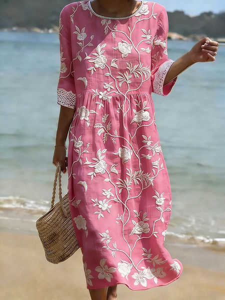 

Women Floral Summer Printing Dress Crew Neck Half Sleeve H-Line Dress, Pink, Dresses