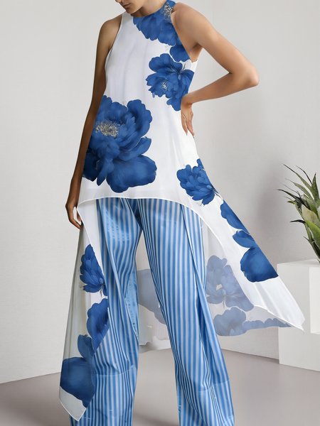 

Casual Floral Printing Crew Neck Blouse, Blue, Blouses and Shirts