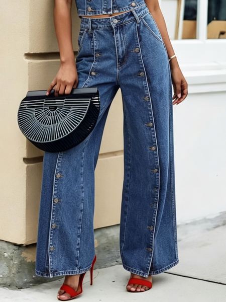 

Plain Urban Button-Front Loose Jeans, Denim blue, Jeans