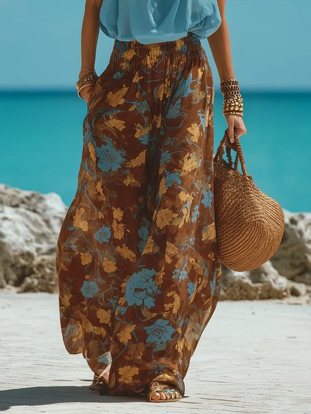 

Vacation Floral Printing Wide Leg Pants, As picture, Pants