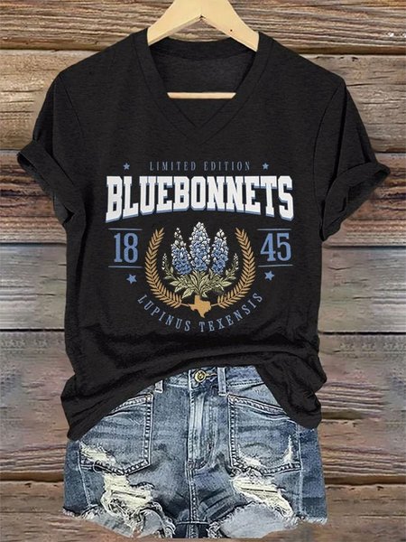

Vintage Floral V Neck Short Sleeve T-shirt, Black, T-shirts