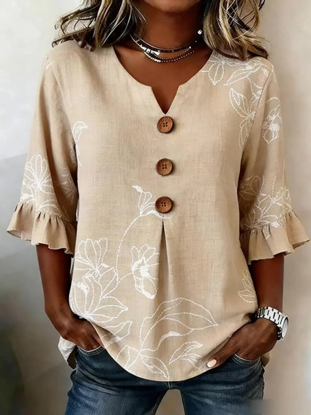 

V Neck Half Sleeve Floral Printing Regular Micro-Elasticity Regular Fit Blouse For Women, Khaki, Shirts