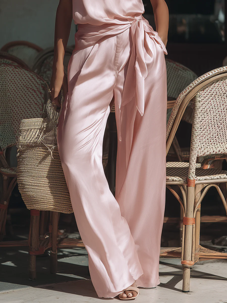 

Urban Plain Split Joint Wide Leg Pants With Belt, Pink, Pants