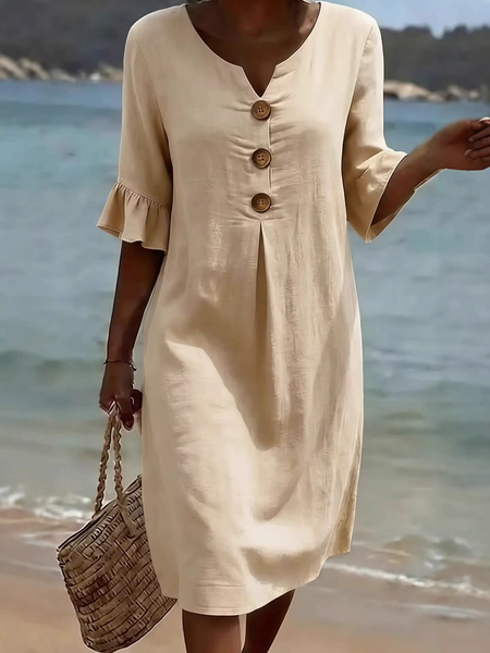 Women Plain Summer Dress V Neck Half Sleeve Fit & Flare Dress A-Line Dress
