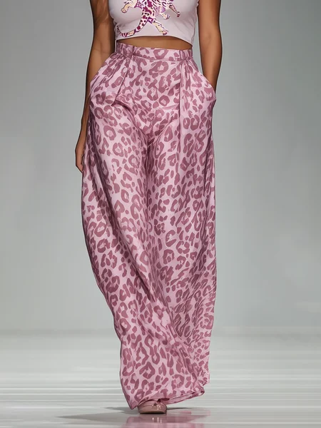 

Vacation Leopard Printing Wide Leg Pants, Pink, Pants