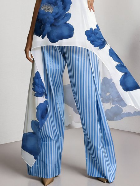 

Casual Striped Wide Leg Pants, Blue, Pants