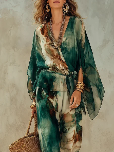 Vacation Random Print Printing V Neck Blouse With Belt