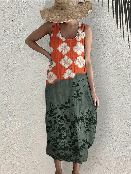 Women Floral Summer Dress Crew Neck Sleeveless Tank H-Line Dress