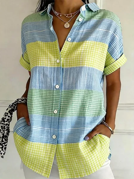 

Shirt Collar Short Sleeve Striped Printing Regular Micro-Elasticity Loose Button Up Shirt Shirt For Women, As picture, Shirts