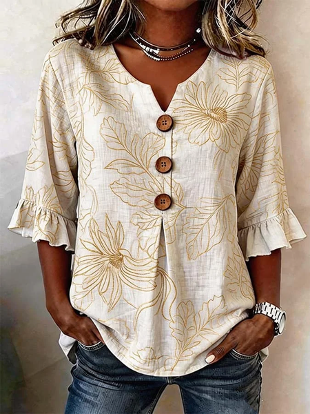 

V Neck Half Sleeve Floral Printing Regular Micro-Elasticity Regular Fit Blouse For Women, Apricot, Shirts