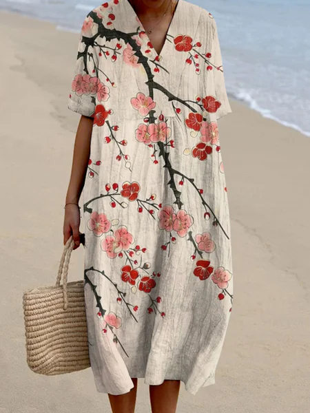 

Women Floral Spring/Fall Dress V Neck Long Sleeve Shirt Dress A-Line Dress, Apricot, Dresses