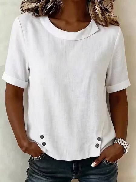 

Crew Neck Short Sleeve Plain Regular Regular Fit Blouse For Women, White, Blouses