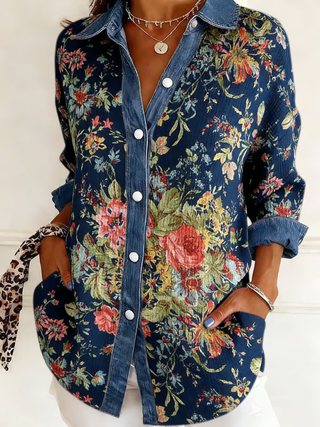 Shirt Collar Long Sleeve Floral Regular Loose Shirt For Women