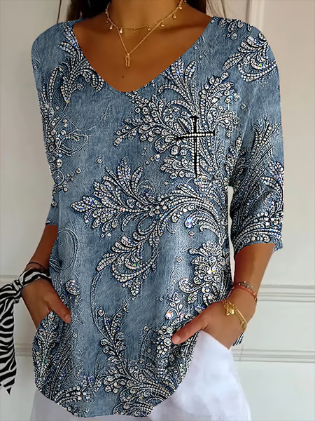 

Vintage Geometric V Neck Three Quarter Sleeve T-shirt, Denim blue, T-shirts