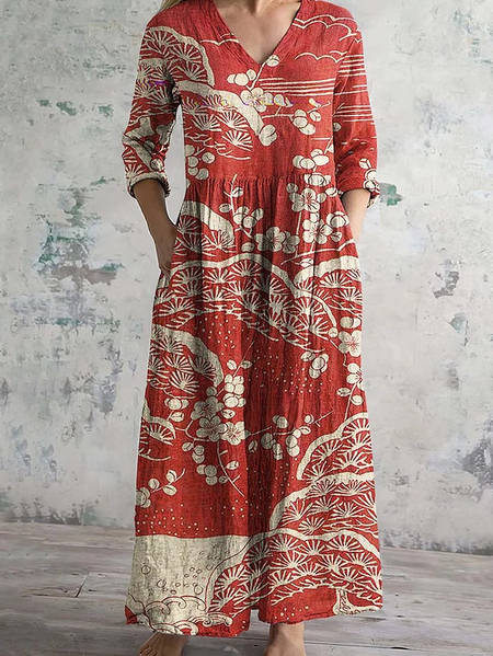 

Women Floral Spring/Fall Dress V Neck Long Sleeve T-Shirt Dress A-Line Dress, Red, Dresses