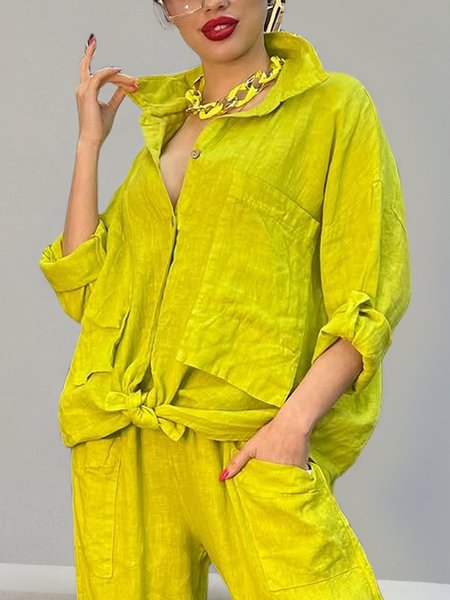 

Cotton Casual Plain Buttoned Shirt Collar Shirt, Green, Blouses and Shirts