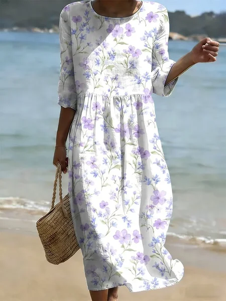 

Women Floral Half Sleeve Crew Neck Printing Dress Daily Casual Maxi H-Line Summer Dress, White, Casual Dresses