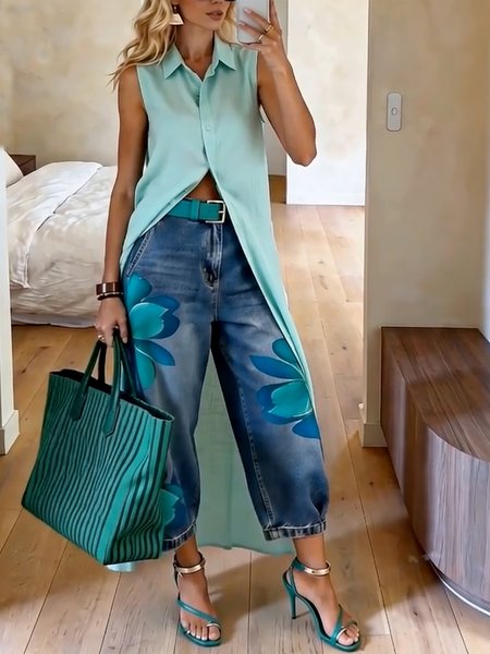 

Cotton Casual Plain Buttoned Shirt Collar Shirt, Cyan, Blouses and Shirts