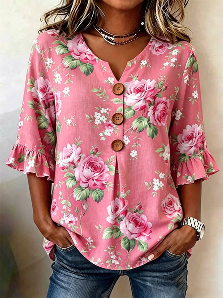 Half Sleeve Floral Lightweight Loose Shirt For Women