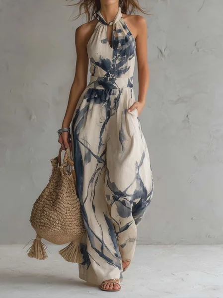 

Casual Floral Halter Neck Jumpsuit, Blue, Jumpsuits