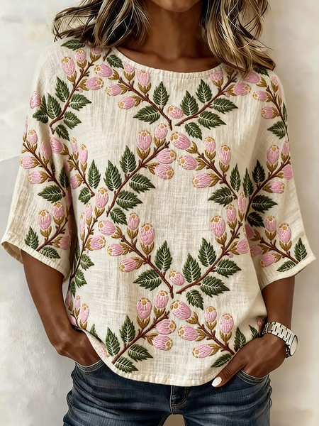 

Women Floral Crew Neck Half Sleeve Blouse Printing Vintage Daily Summer Top, As picture, Blouses