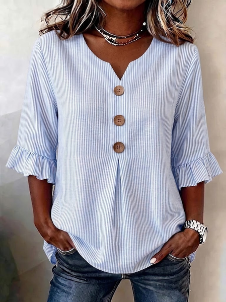 

V Neck Half Sleeve Striped Printing Regular Micro-Elasticity Regular Fit Blouse For Women, Blue, Blouses