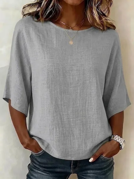 

Crew Neck Half Sleeve Plain Printing Regular Micro-Elasticity Regular Fit Blouse For Women, Gray, Blouses