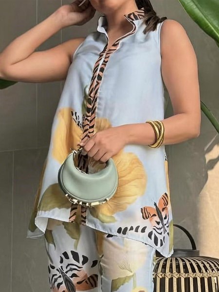 

Vacation Floral Stand Collar Shirt, As picture, Blouses and Shirts