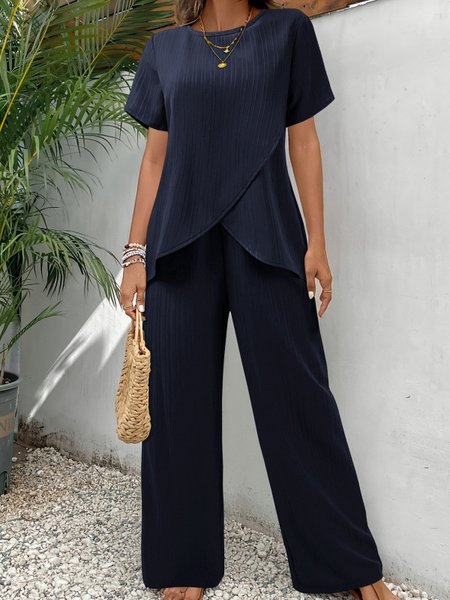 

Women Plain Split Joint Two-Piece Set Daily Half Sleeve Casual Summer Top With Pants Matching Set, Purplish blue, Sets