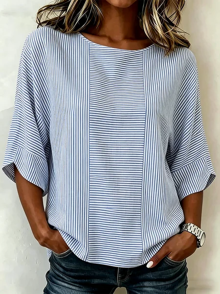 Crew Neck Half Sleeve Striped Lightweight Loose Shirt For Women