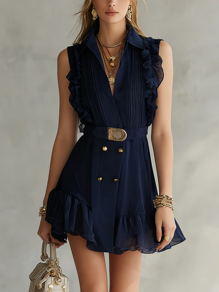 

Elegant Plain Buttoned V Neck Mini Dress With Belt, Blue, Mini Dresses