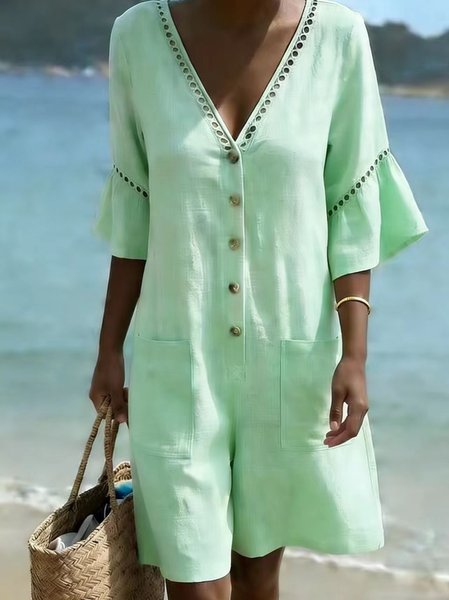 

Women Plain V Neck Half Sleeve Vintage Summer Cotton And Linen Jumpsuit, Aqua, Jumpsuits&Rompers