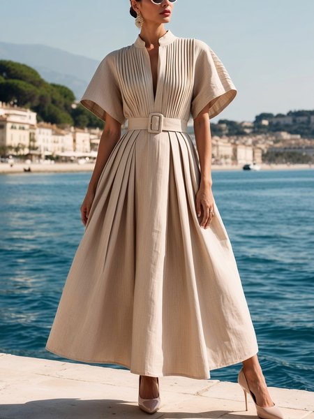 

Cotton And Linen Vacation Plain Stand Collar Maxi Dress With Belt, Apricot, Midi Dresses