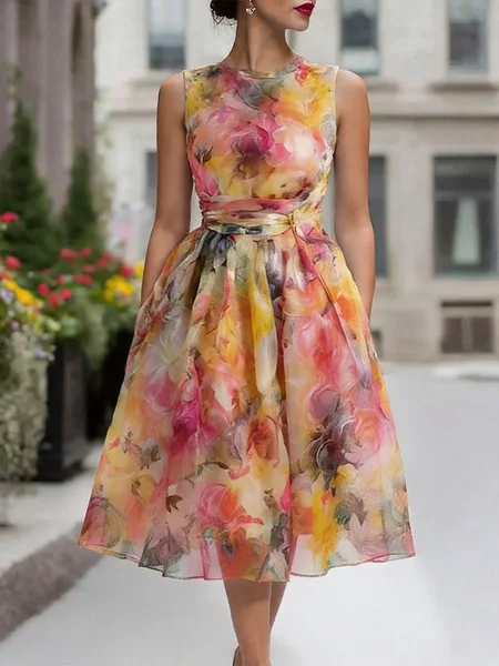 

Elegant Floral Crew Neck Midi Dress, As picture, Midi Dresses