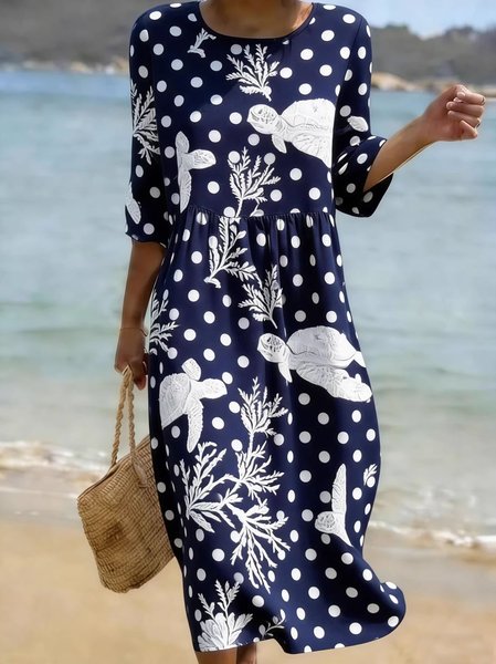 

Women Polka Dots Summer Dress Crew Neck Short Sleeve Fit & Flare Dress A-Line Dress, Navyblue, Dresses