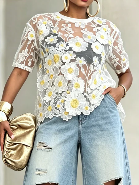 

Urban Plain Crew Neck Blouse, As picture, Blouses and Shirts