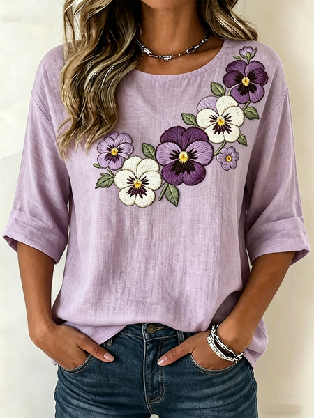 

Crew Neck Half Sleeve Floral Lightweight Loose Shirt For Women, Purple, Blouses